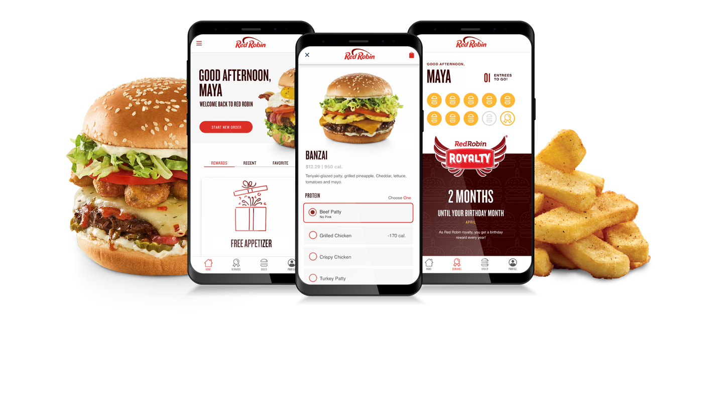 Red Robile mobile app on smart phones in front of Scorpion Burger and Steak Fries