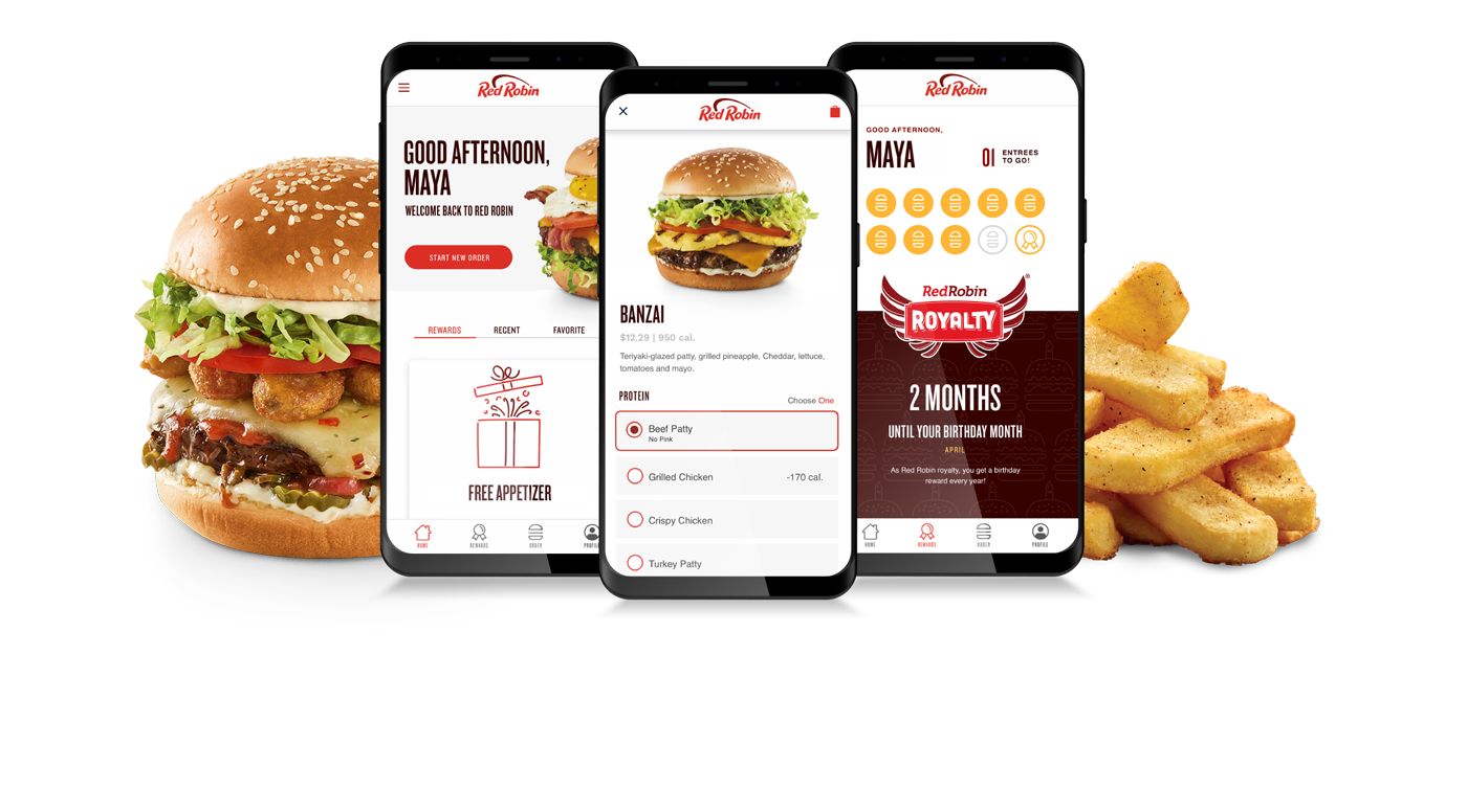 Red Robile mobile app on smart phones in front of Scorpion Burger and Steak Fries