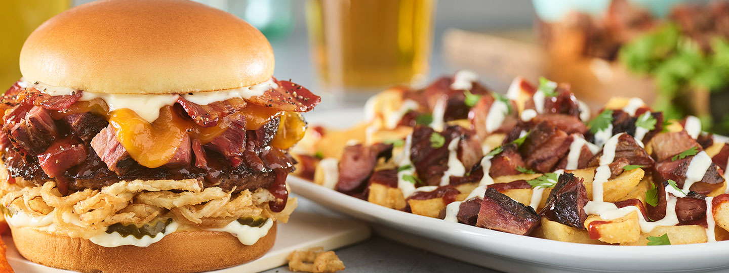 Burnt Ends Bacon Burger and Burnt Ends Smothered Steak Fries