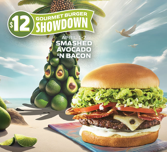 $12 Burger Showdown featuring the Smashed Avocado 'n' Bacon Burger