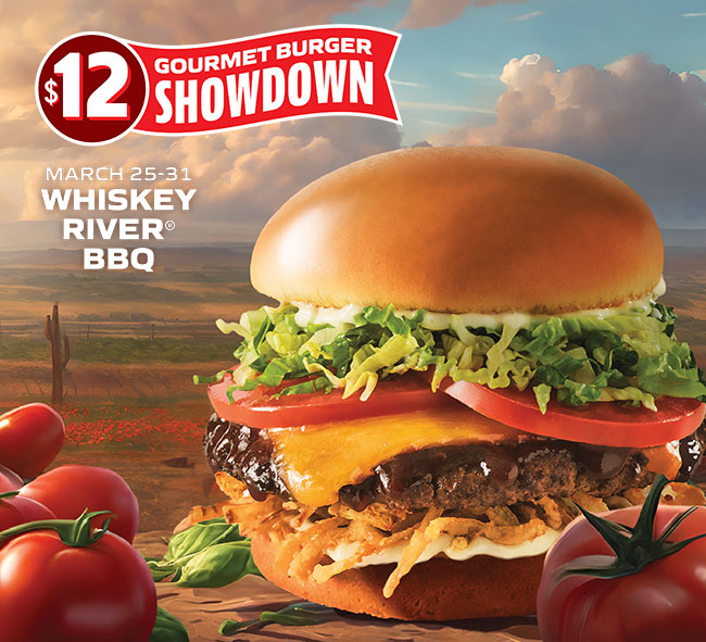 $12 Burger Showdown featuring the Whiskey River BBQ Burger