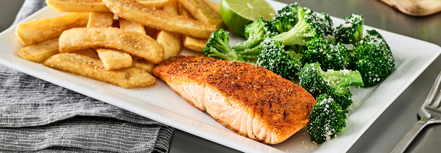 salmon filet, broccoli and fries