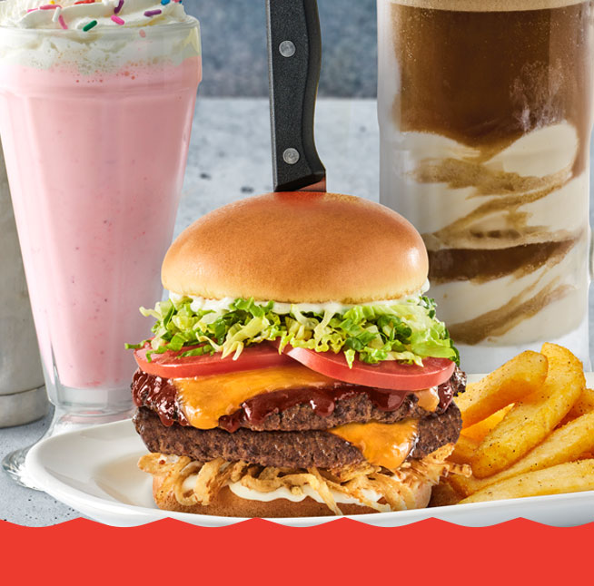 Monster Whiskey River BBQ Burger, Monster Milkshake, Bottomless Root Beer Float
