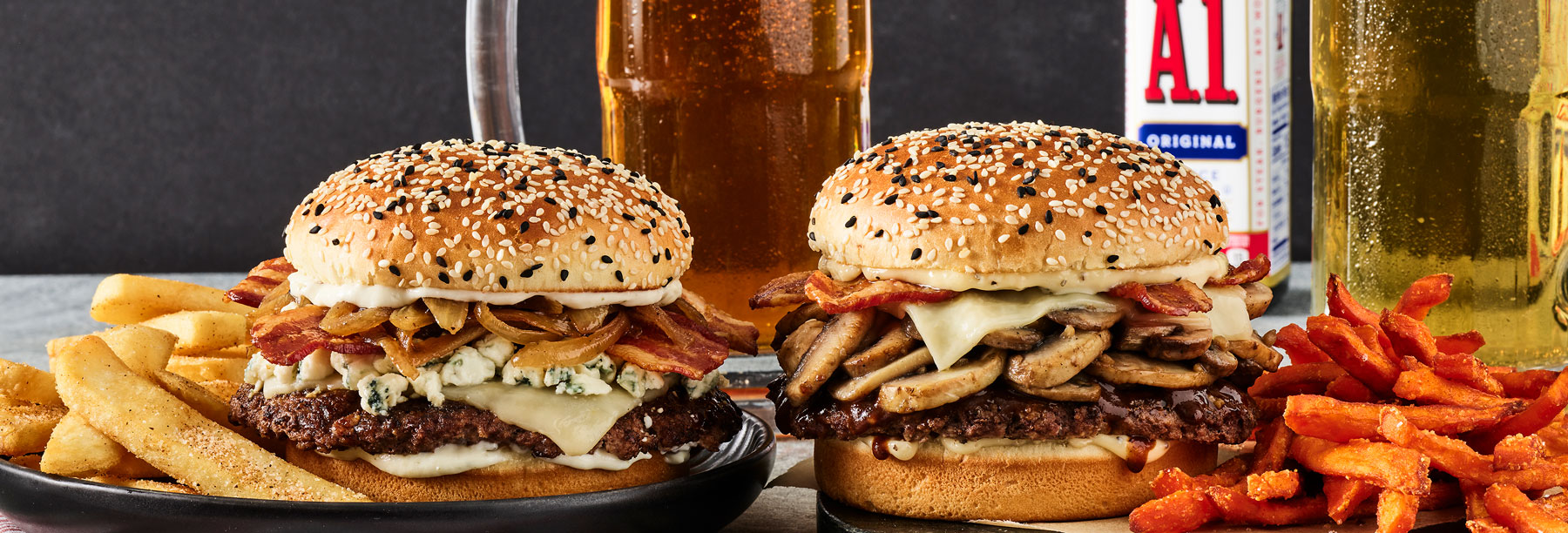 A.1. Steakhouse and Bacon 'N' Bleu Burgers with bottomless sides and cold brew