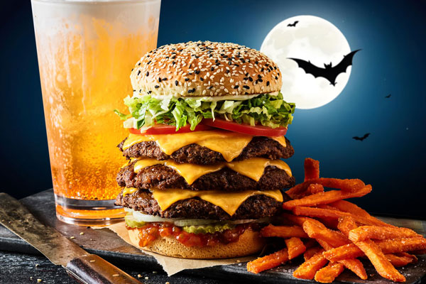 Mega Monster Burger and Candied Orange Fizzy Drink