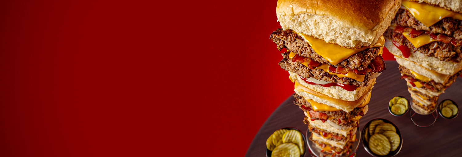 Towering Bacon Double Cheeseburger Sliders