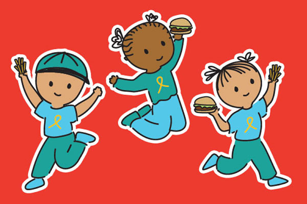 Illustration of kids with yellow ribbon of hope on shirts
