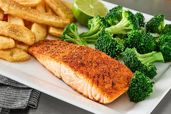 Blackened Salmon with Steamed Broccoli and Steak Fries
