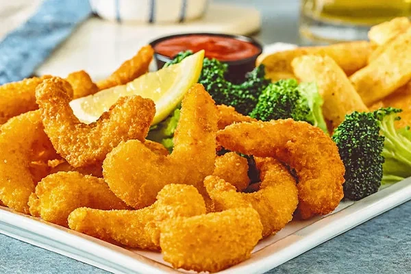 Crispy Shrimp with Steamed Broccoli and Steak Fries