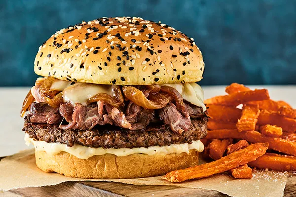 Prime Rib Burger with Sweet Potato Fries