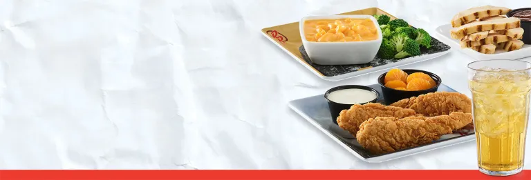 Kids Crispy Chicken Strips, Mac It Yours, Chicken Dip'ns, Steamed Broccoli, Apple Juice
