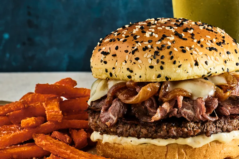 Prime Rib Stack Burger and Sweet Potato Fries