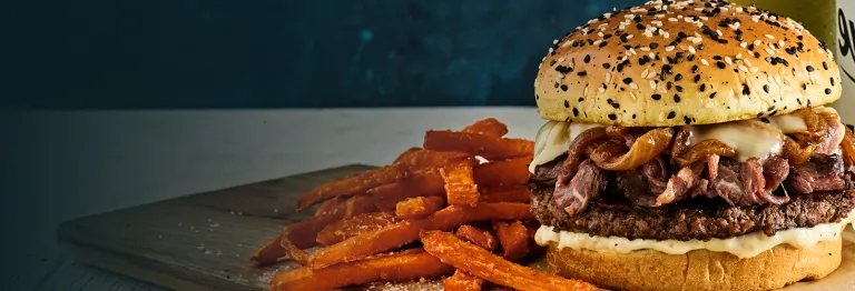 Prime Rib Burger and Sweet Potato Fries