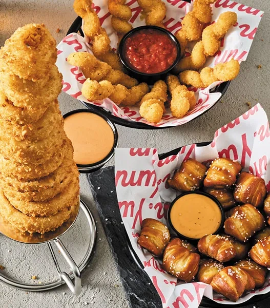 Towering Onion Rings, Mozzarella Twists, Pretzel Bites with Beer Cheese