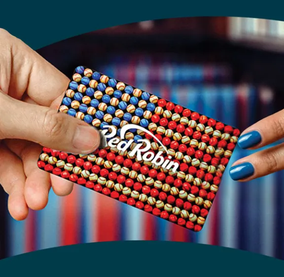 Red Robin Gift Card with American Flag made of baseballs