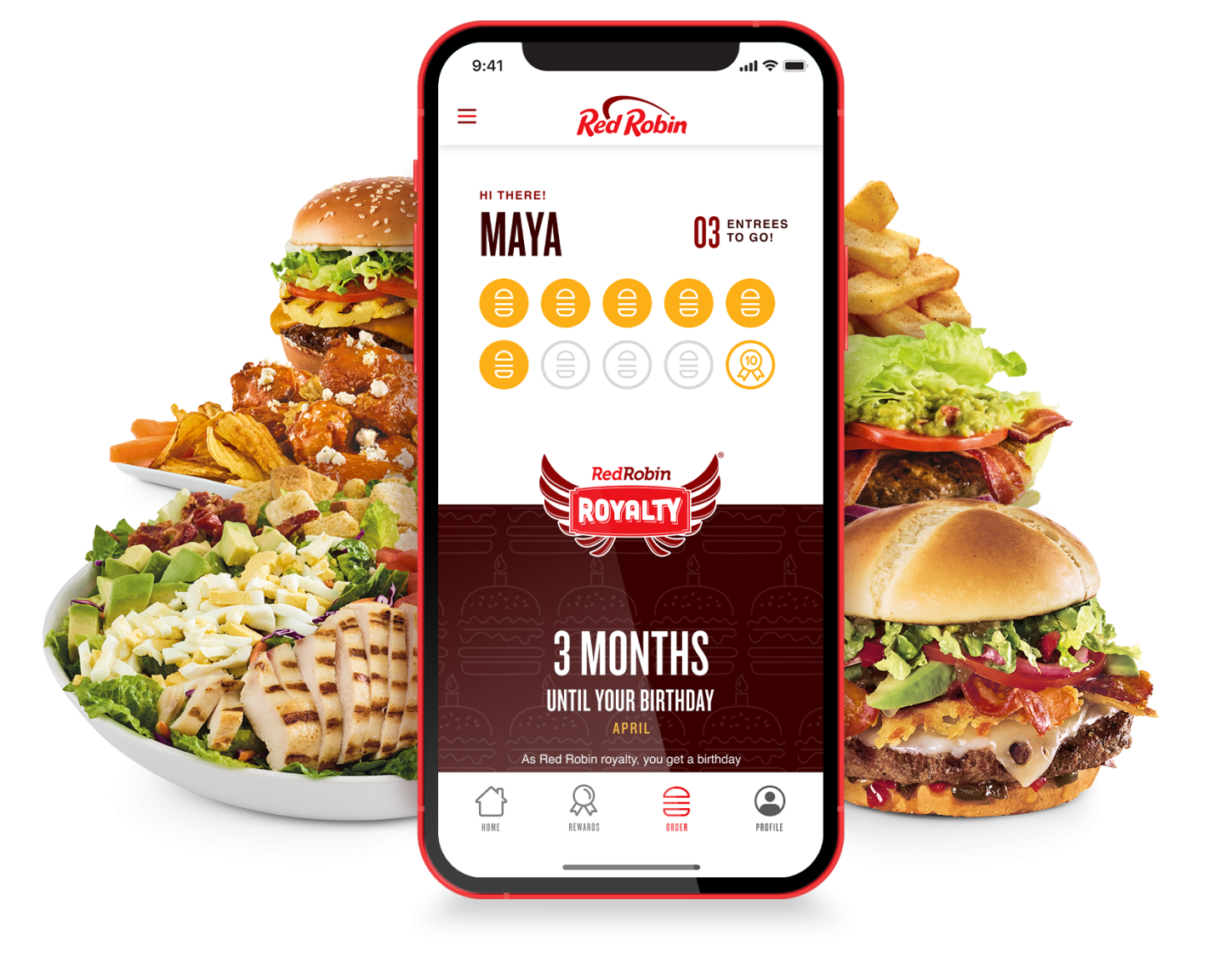 Mobile device showing the order ahead application with food around it