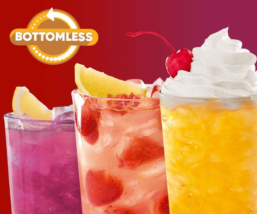 Bottomless Poppin' Purple Lemonade, Freckled Lemonade, and Orange Cream Soda
