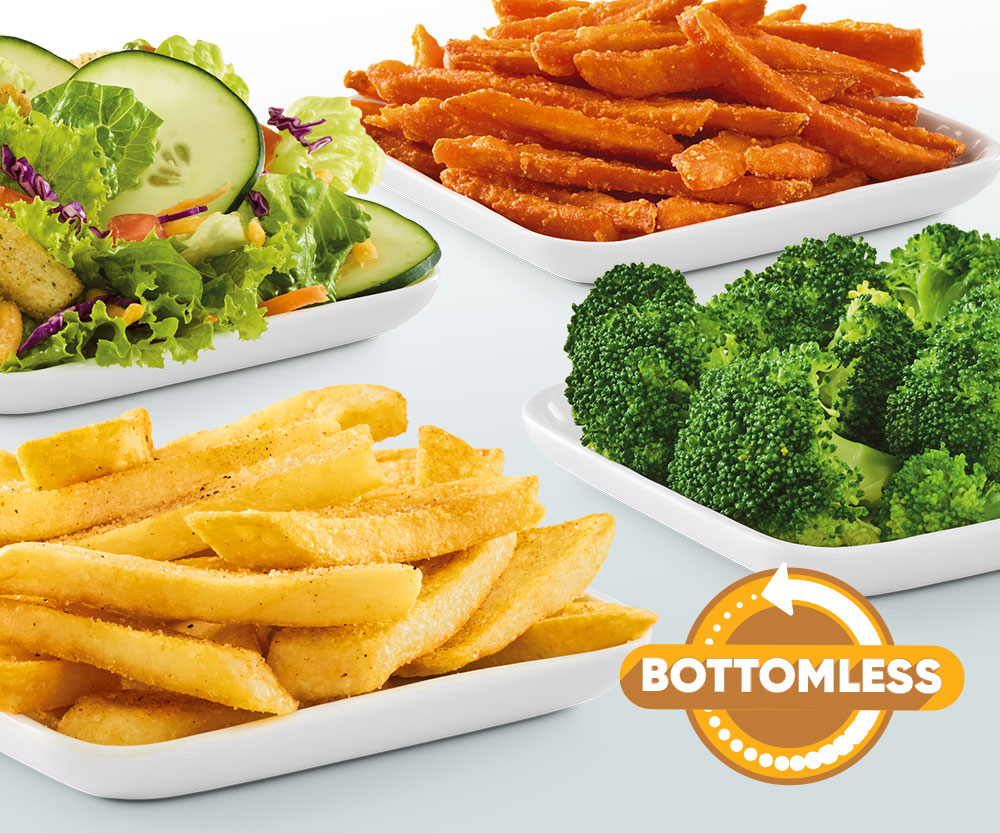 Bottomless sweet potato fries, broccoli, house salad, and steak fries