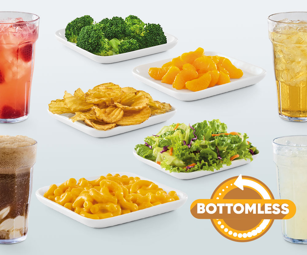 Grouping of kids bottomless broccoli, mandarin oranges, yukon chips, side salad, mac and cheese, freckled lemonade, juice, root beer float, and lemonade