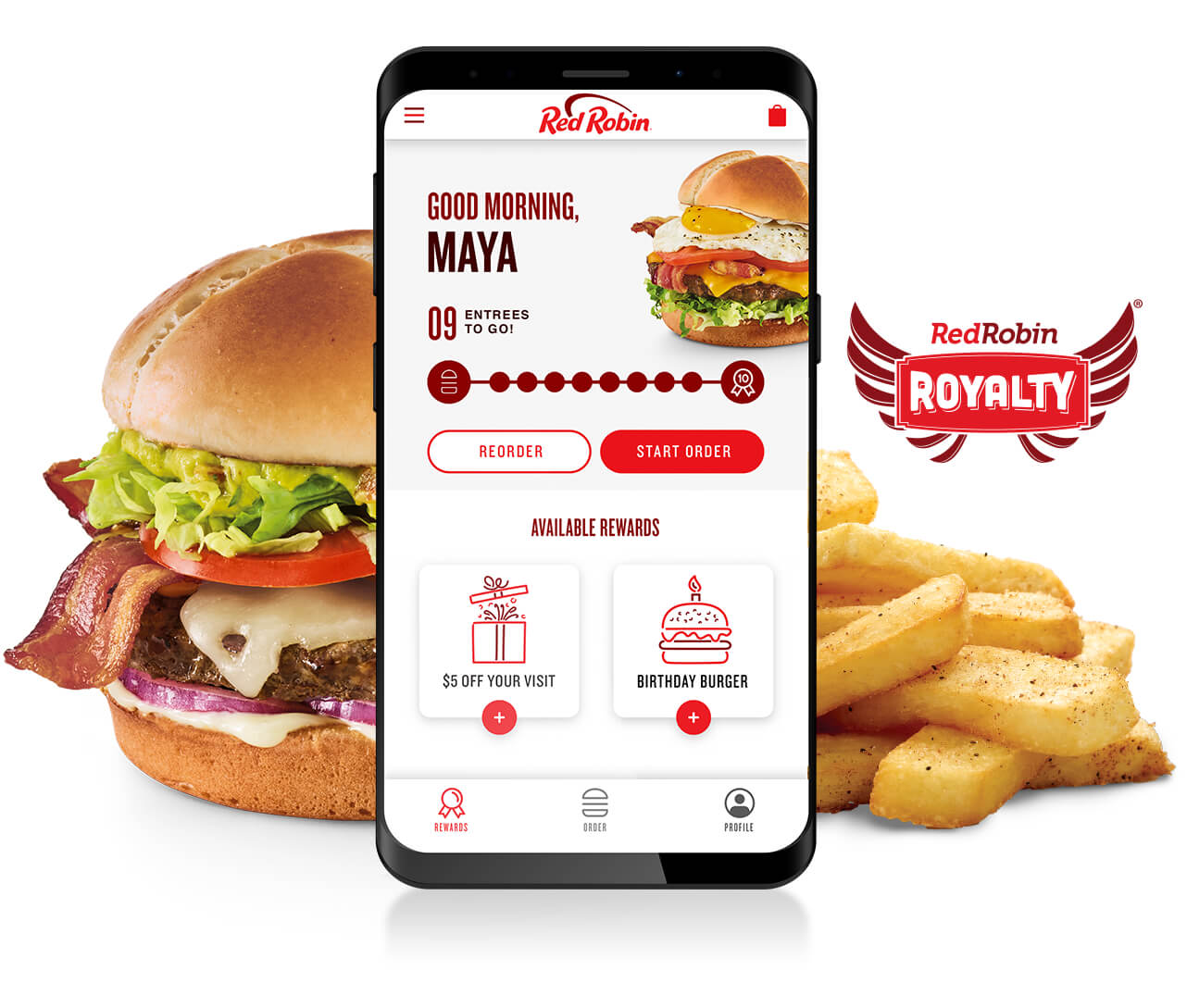 Red Robin mobile app and Guacamole Bacon Burger with steak fries.
