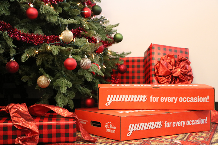 wrapped present and catering boxes under a tree