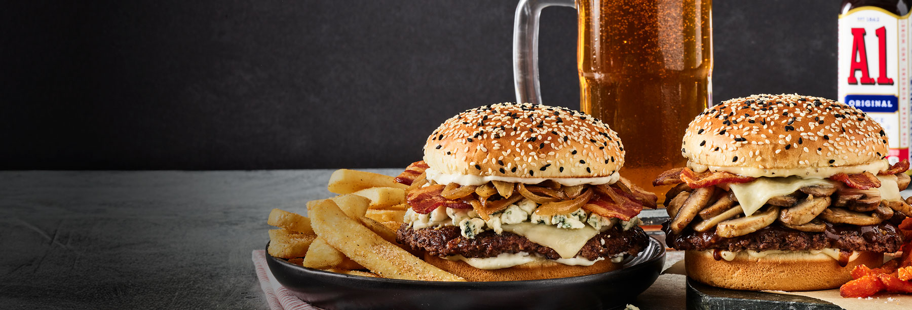 A.1. Steakhouse and Bacon 'N' Bleu Burgers with bottomless sides and cold brew