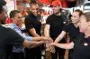 Team huddle with hands in